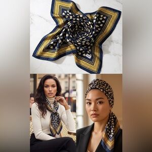 Yves Saint Laurent Silk Scarf in Navy and Gold